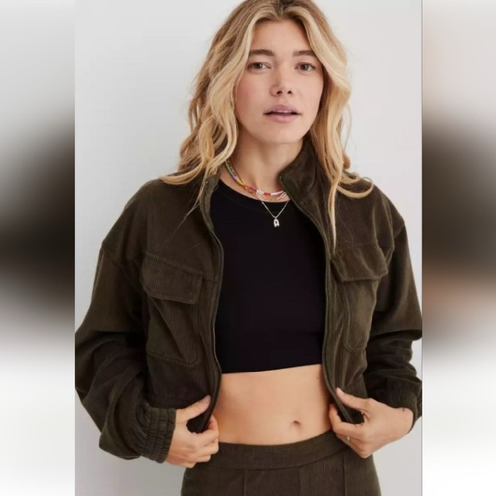 Aerie Olive Green Corduroy Cropped Jacket